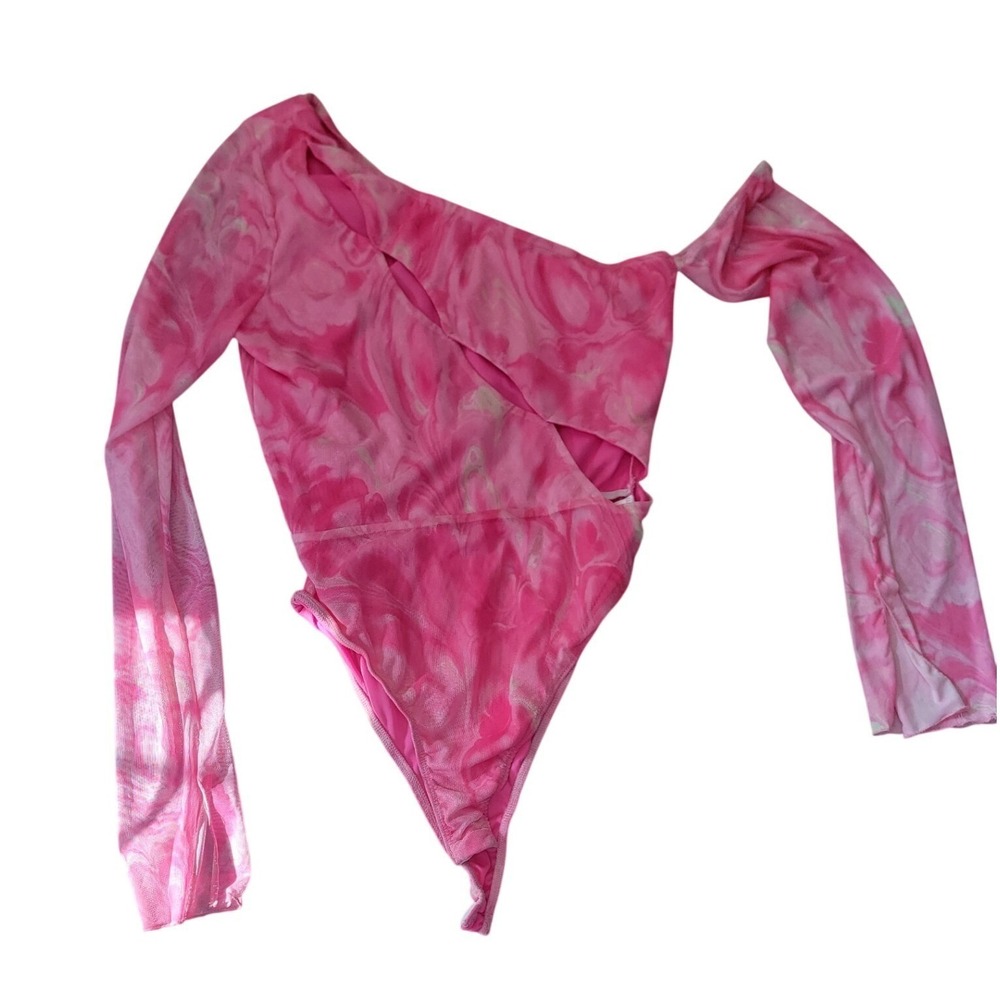 Fashion‎ Nova Pink Marble Mesh One Shoulder Cut Out Bodysuit XL - Picture 4 of 6